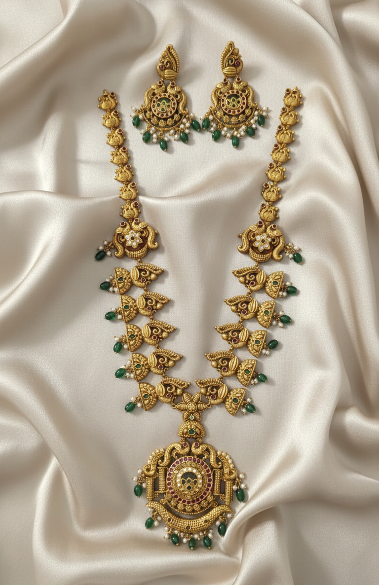 Temple Matte Gold Haram Set Long Necklace with Matching Earrings